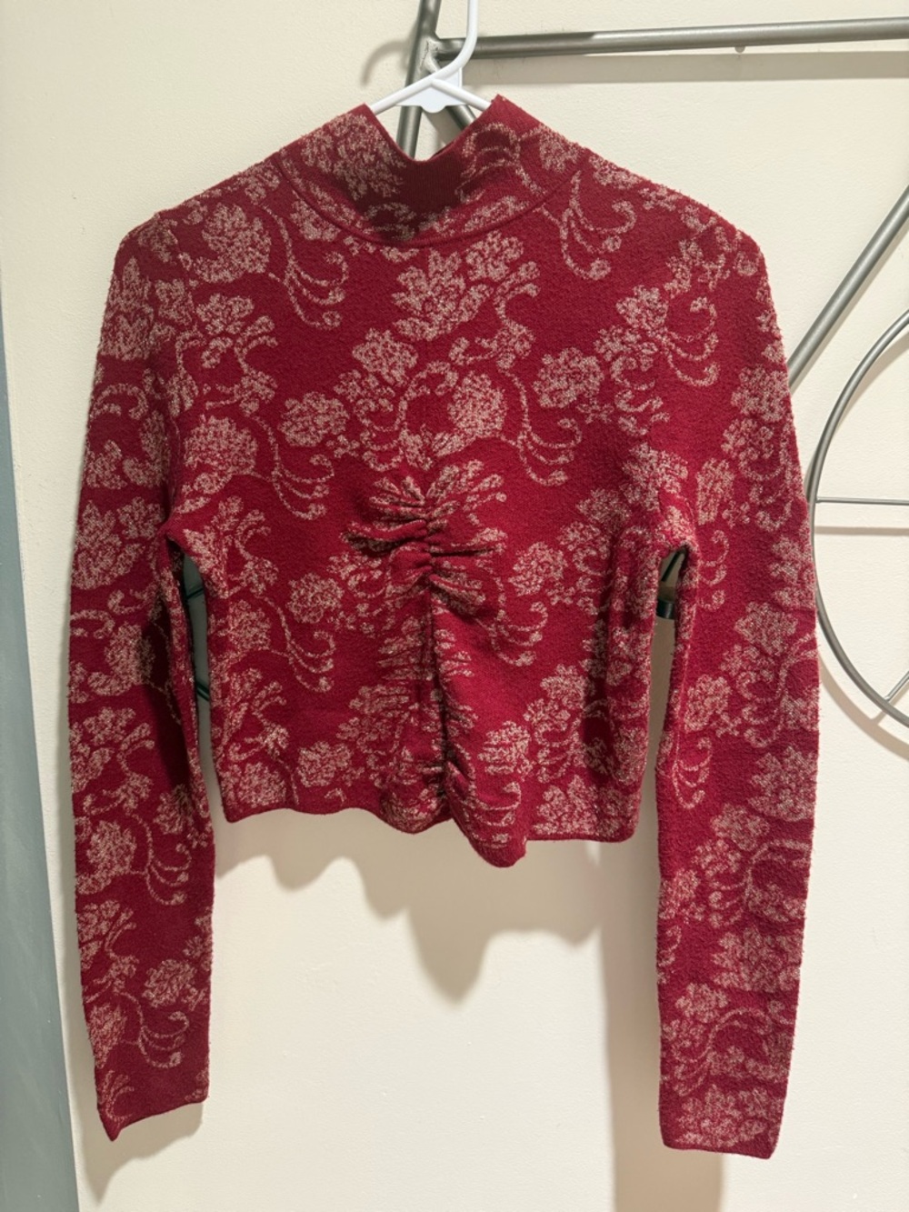 Anthropologie Red Floral Mock Neck Ruched Long Sleeve Top Size S Feminine